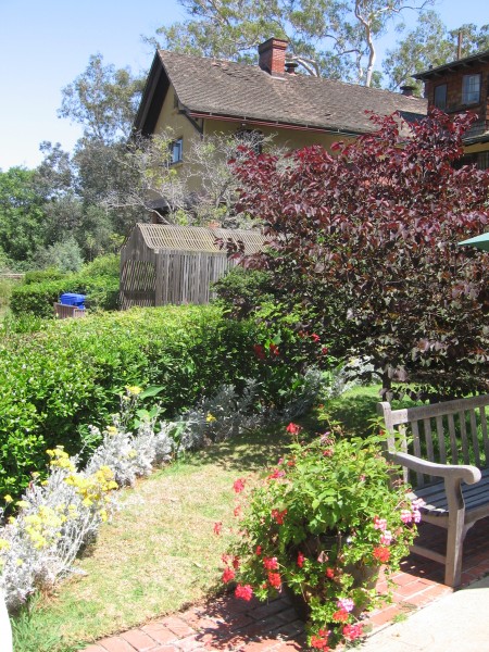 Flowers and bench by historic Marston House.