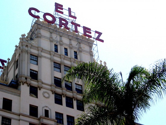 Looking up at the famous El Cortez sign.