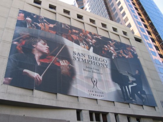 Different San Diego Symphony banner on west side of building.