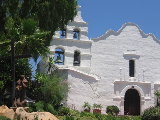 The distinctive facade of California's first Spanish mission.