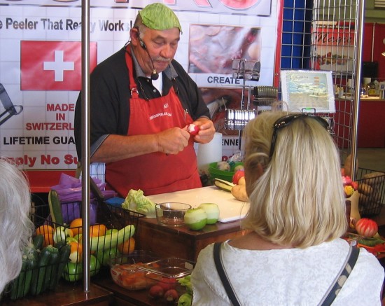 Demonstrating a fancy vegetable peeler in Bing Crosby Hall.