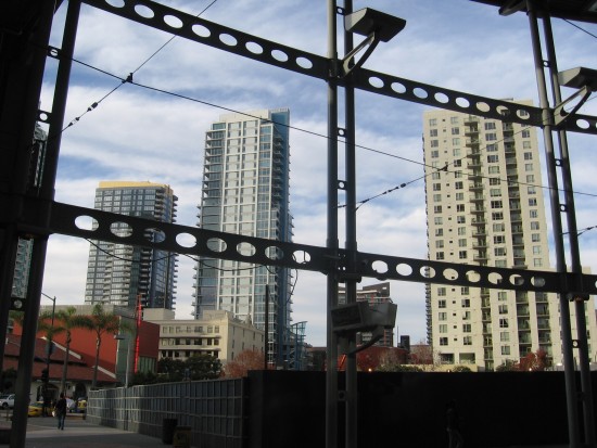 Looking outward from the partially enclosed trolley station.