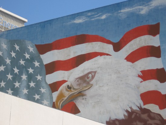 Bald eagle and American flag mural on Beech Street wall.
