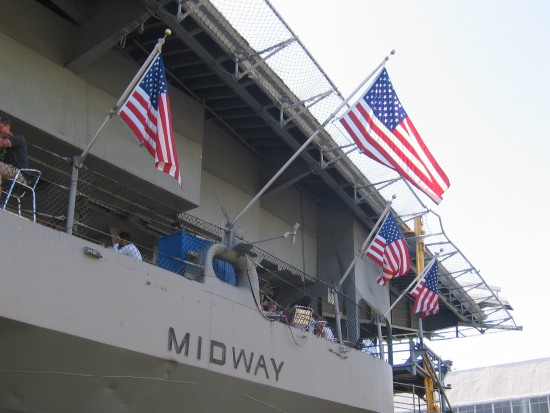 Red, white and blue adorn cafe below flight deck.