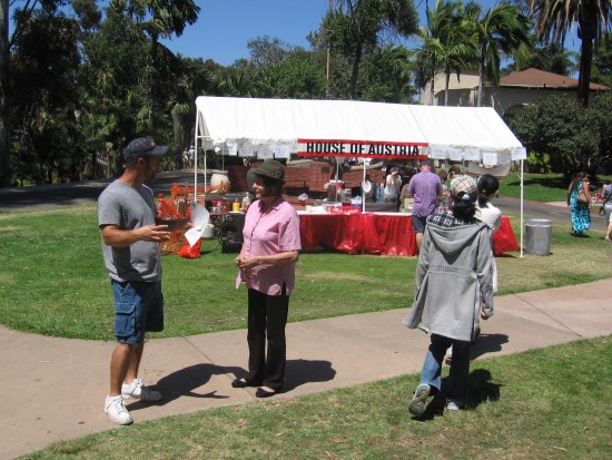Food tent has sausage and other tasty Austrian food.