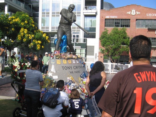 San Diegans pay their respects at the Tony Gwynn statue.