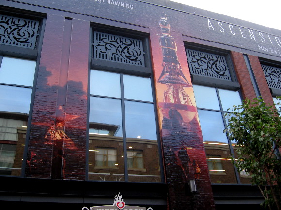 Closer look at Ascension graphics on Gaslamp building.