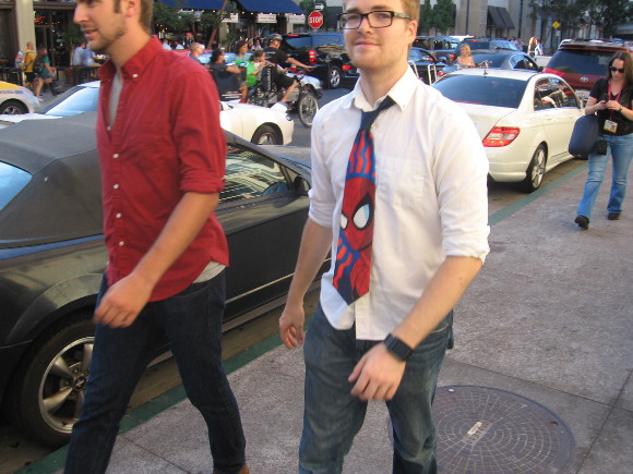 Gentleman heads toward downtown's Gaslamp with a Spiderman tie.
