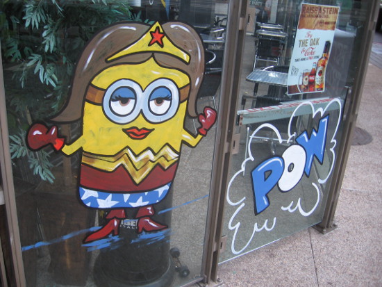 Minion impersonates Wonder Woman at the Tilted Kilt in East Village.