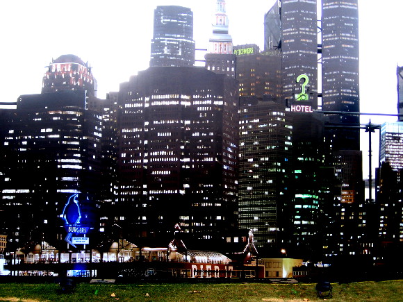 Gotham skyline contains Riddler's and Penguin's not-so-secret lairs.