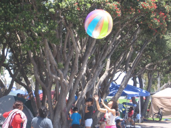 Thousands along San Diego Bay enjoy barbeque and play.