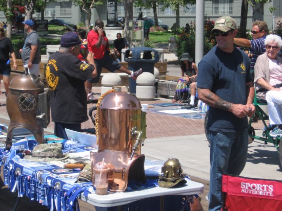 A display on the Embarcadero of historic diving equipment.