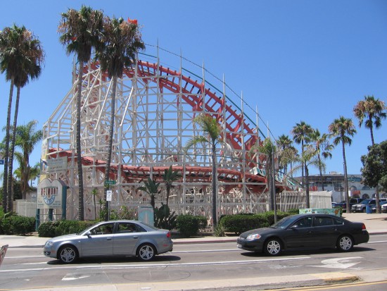 Looking across Ventura Place at the Giant Dipper roller coaster.