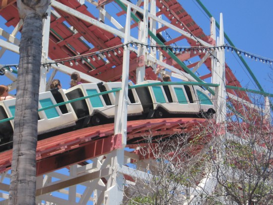 The Giant Dipper roller coaster swooshes by!