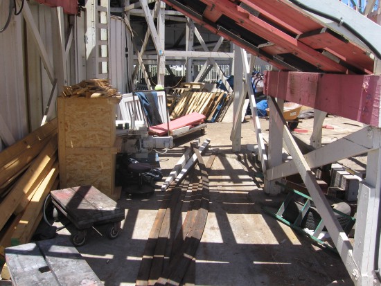Peeking into the innards of a wooden roller coaster.