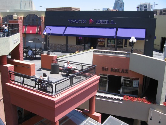 Cool places to eat overlook the layered central area.