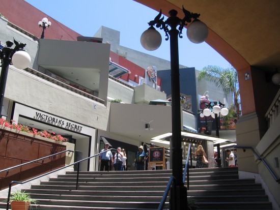 Broad stairs ascend into San Diego's Horton Plaza.