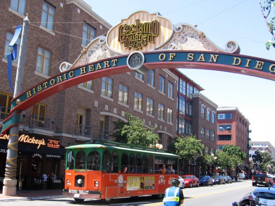 Old Town Trolley Tours bus exits the Gaslamp.