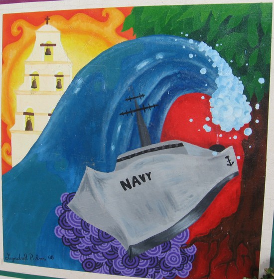 Navy ship, huge surf and Mission San Diego.