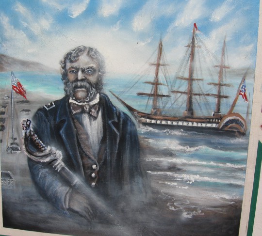 Mural shows an American tall ship in San Diego Bay.