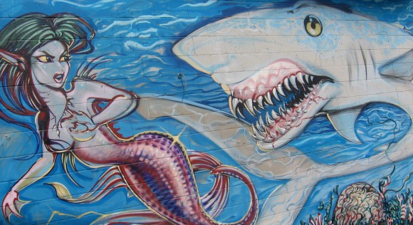Fantastic mermaid and shark street mural in Imperial Beach.