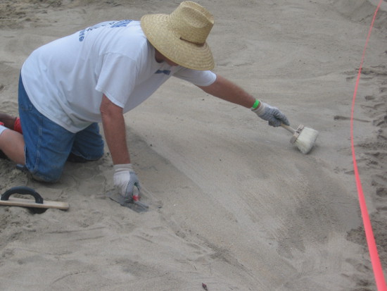 Brushes are often used to smooth and contour the sand.