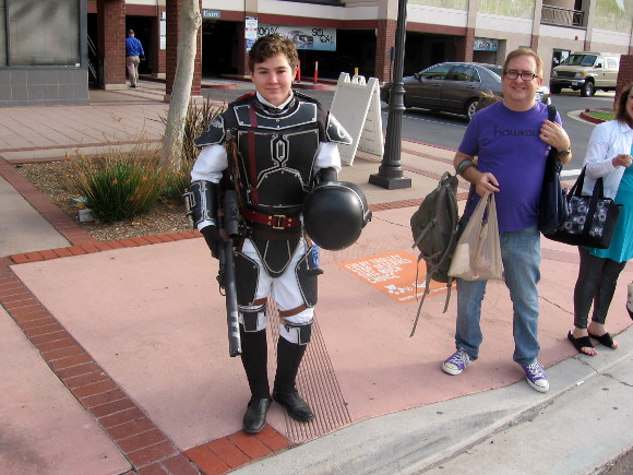 Boy shows cool costume as I cross street in Mission Valley this morning.