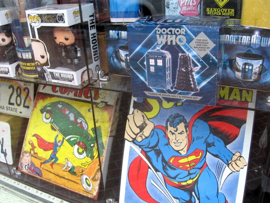 Superman in Gaslamp window with Doctor Who salt and pepper set.