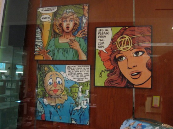 Colorful panels of Oz art catch the eye of library visitors.