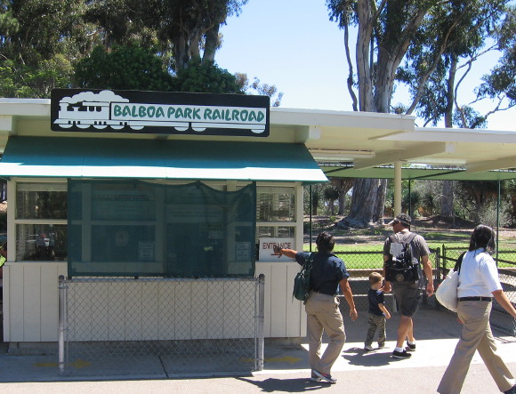 Passengers arrive at San Diego station of the Balboa Park Railroad!