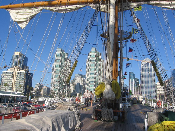 A view of downtown skyscrapers from the Mexican tall ship's foredeck.