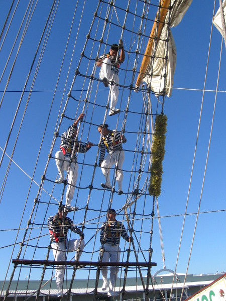 Sailors begin a drill by climbing the shrouds.