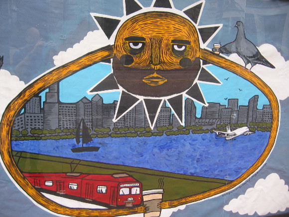 A fun depiction of San Diego Bay and a red trolley.