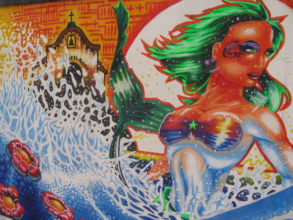 A sexy green-haired mermaid and Mission San Diego!