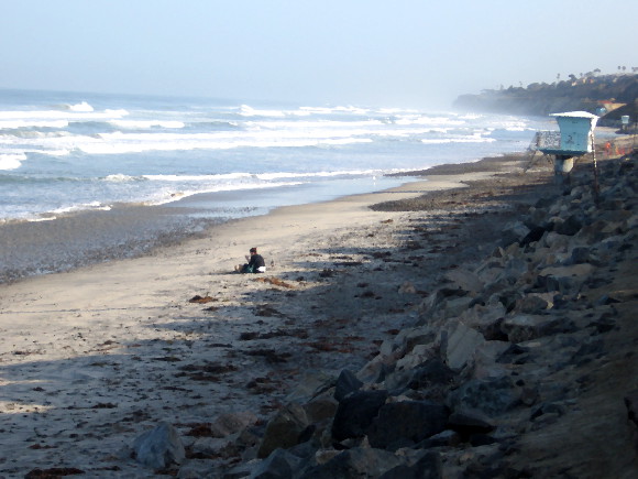 Solitary figure in morning sun on Torrey Pines State Beach.