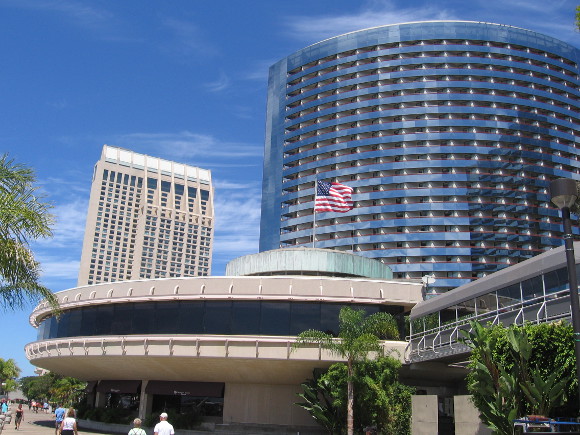 Looking north from the silvery Marriott toward the sandy Hyatt.