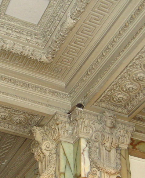 Close look at ornate ceiling in the lobby.
