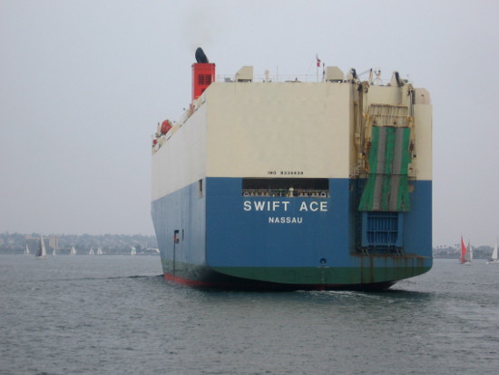 Swift Ace car transport ship leaves San Diego Bay.