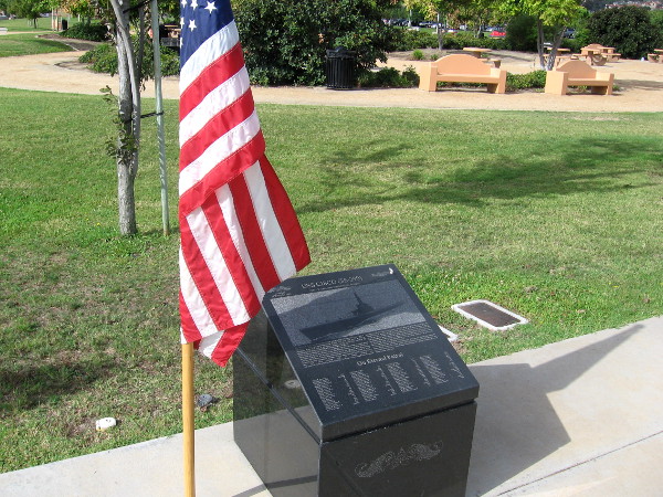 American flag shelters one of the solemn black marble markers.
