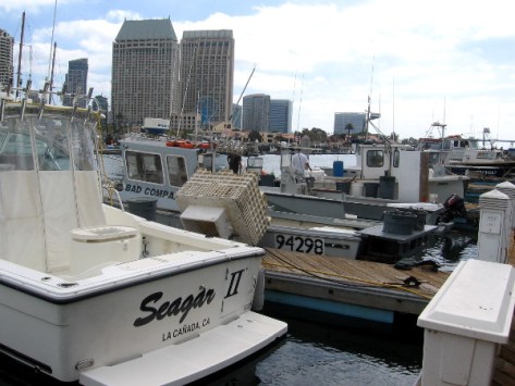 Fishing boats docked in Tuna Harbor next to downtown San Diego.