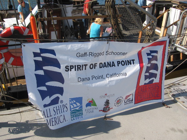Gaff-rigged schooner Spirit of Dana Point was tied up next to the Pilgrim.