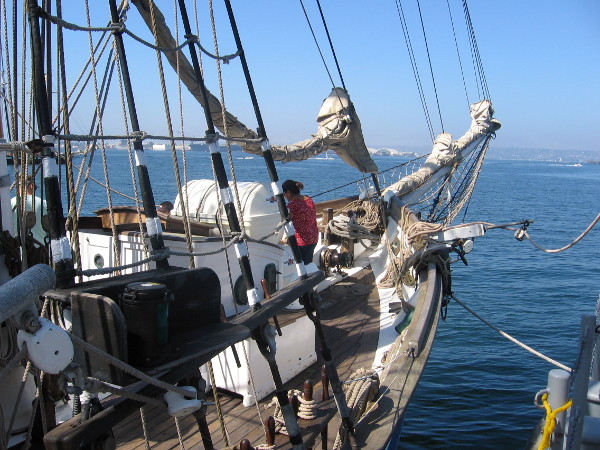 The bow faces distant Point Loma on our big, calm San Diego Bay.