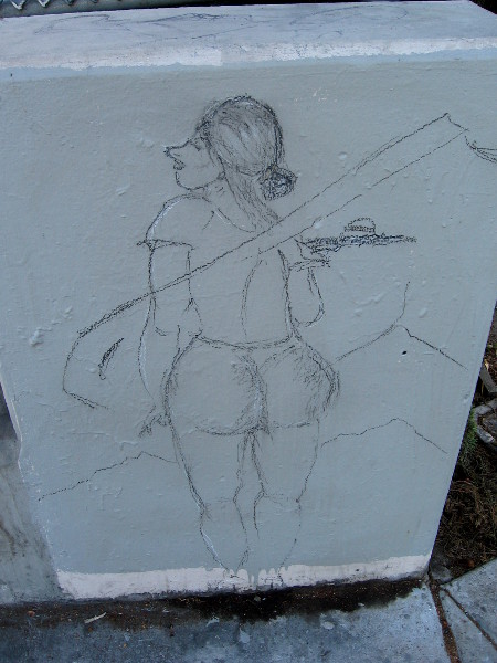 Mysterious unfinished street art of woman holding hamburger.