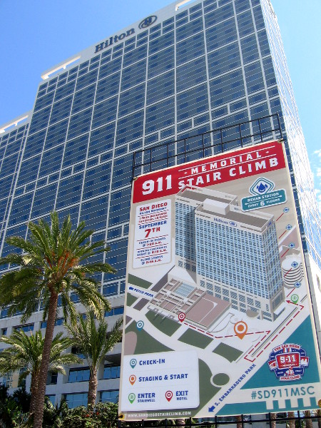 San Diego 911 Memorial Stair Climb sign and building.