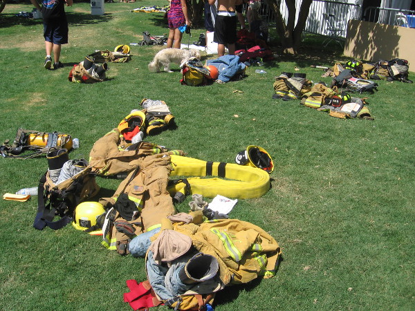 Heavy firefighting gear flung off after a very difficult climb.