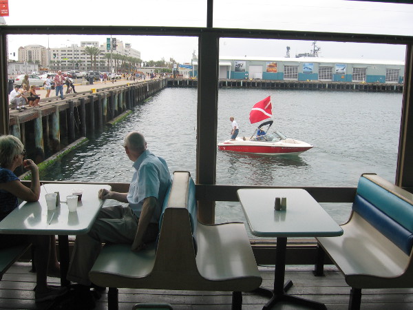 Looking out at diving boat from inside Anthony's Fishette.