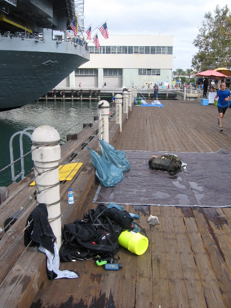 The boardwalk near the USS Midway was full of activity.