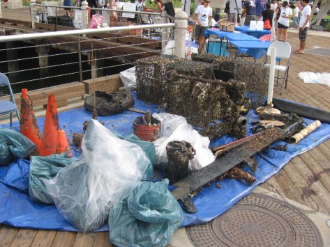 Piles of garbage found in the bay include construction cones and a shopping cart.