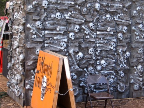 Structure made of bones beside a Haunted Trail sign just inside entrance.