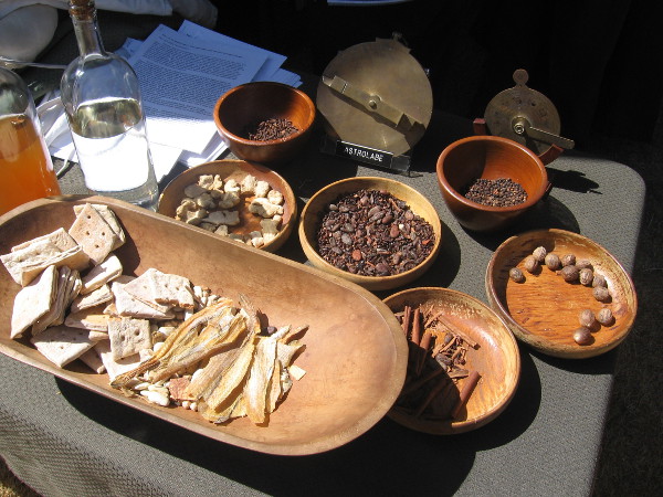 Biscuits, nuts and an astrolabe are typical items carried on a Spanish galleon.